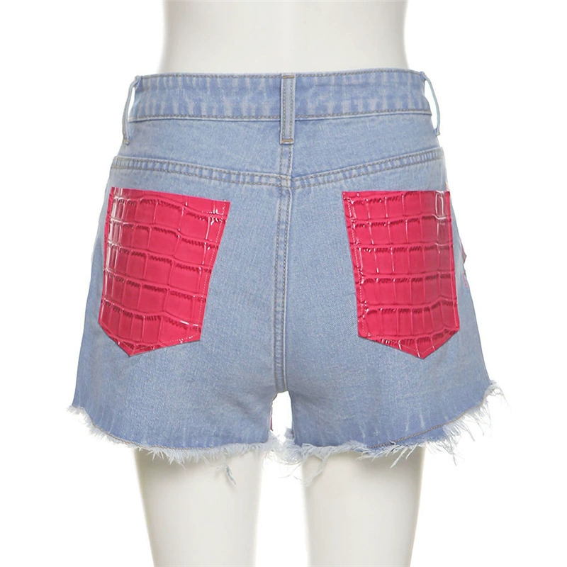 Woman denim Jean Shorts PU Leather Patchwork Pokcet Zipper Mini Jean Shorts S-L 2Color 	 W21P04640 slim fit