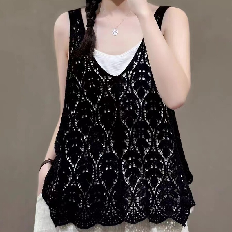 Spring and Summer Hollow-Out Camisole for Women, Versatile Artistic Retro Cotton and Linen Lace Outerwear, Knitted Sleeveless Top Design