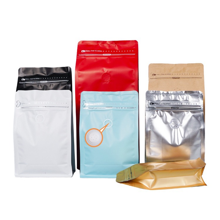 Bolsas de embalaje para alimentos transfronterizos con válvula y cremallera, bolsas verticales para bolsas autosellables de un peso y medio, bolsas de embalaje para granos de café con sellado de ocho lados.
