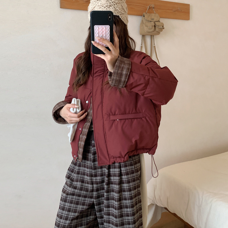 2025年冬季新款立领撞色短款羽绒棉服女宽松加厚小个子棉服外套潮|undefined