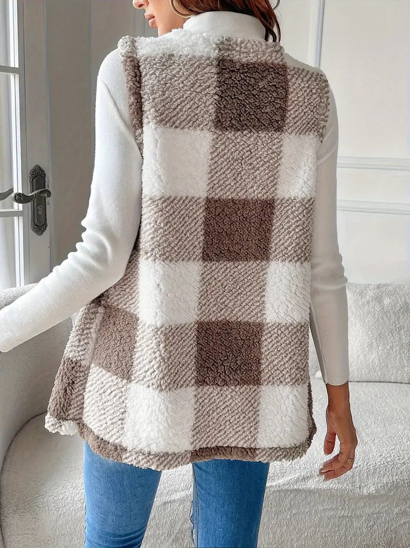 ​​Teddy Bear Plush Vest – Oversized Faux Fur Gilet | Winter Elegance (Dark Khaki Checkered)​​_ecoleips.com