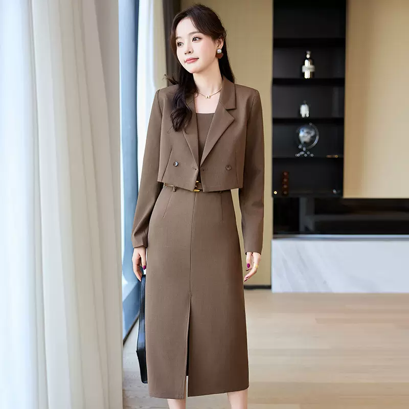 咖啡西服套装女春新款气质女神范短款小个子职业西装连衣裙两件套