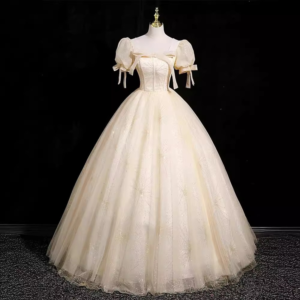 Champagne Evening Dress New Princess Dress Pruffled Dress Elegant Puff Sleeve Host Student Art Test dress
