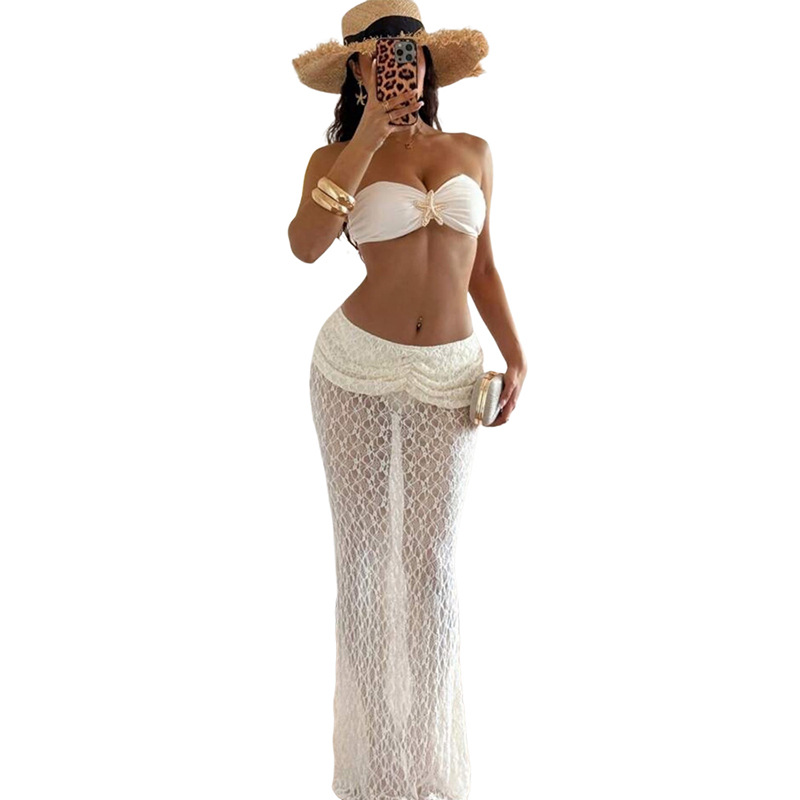 Completo estivo da donna sexy con abito lungo senza spalline in pizzo, due pezzi, tinta unita, stile europeo e americano._voghion.com