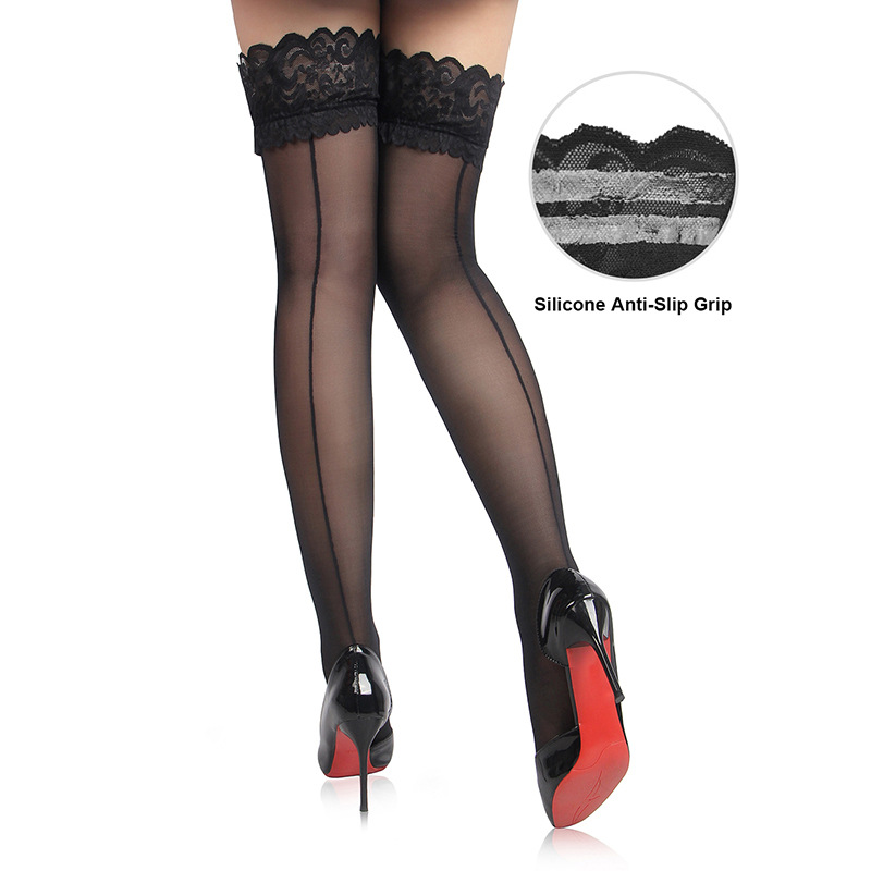 Comercio exterior calcetines de sexo damas encaje sexy línea vertical de seda seda anti-deslizante medias de seda negra stock al por mayor