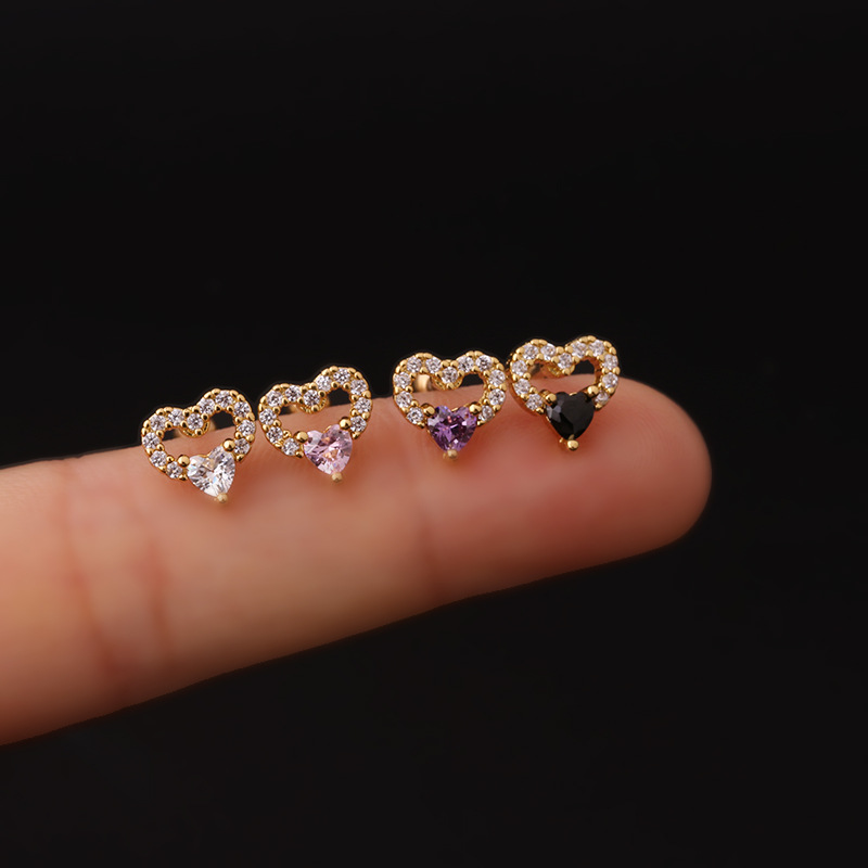 Simple Style Heart Shape Copper Plating Hollow Out Zircon Ear Studs