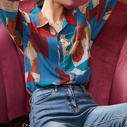 Hong Kong-style Spring and Autumn 2022 New Women's Antique Printed Retro Contrast Color Shirt Women's Long-sleeved Loose Top Western Style Shirt