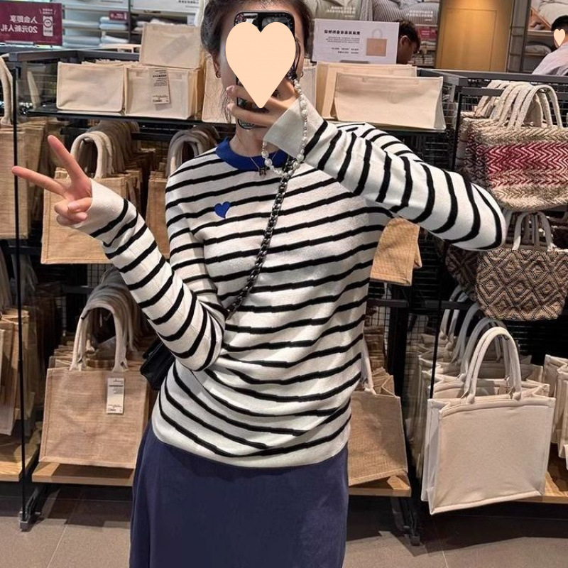 韩系黄色条纹针织衫女秋季2025新款修身内搭打底衫甜辣妹长袖上衣|undefined