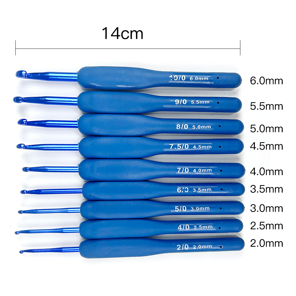 Traje transfronterizo crochet TPR silicona aluminio crochet mango azul plástico recubierto de aluminio crochet conjunto completo 9 piezas de embalaje de PVC