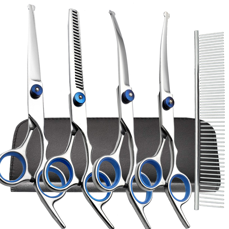 Venta directa transfronteriza tijeras de belleza para mascotas tijeras de corte de pelo de perro tijeras curvadas tijeras de corte de pelo de mascota profesional tijeras de dientes finos traje