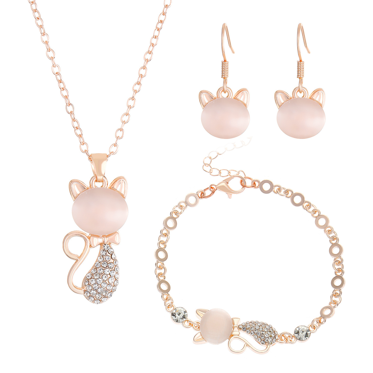 Fashion Design Exquisite Cute Cat's Eye Stone Cat Bracelet Necklace Earrings Dress Up Accessories Three-Piece Set Accessories_voghion.com