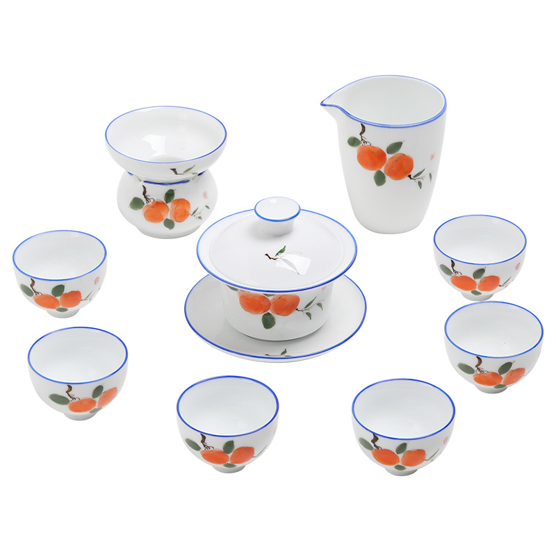 Juego de té de Kung Fu de cerámica de estilo japonés traje de hogar pintado a mano porcelana blanca sancai Tazón de cubierta taza de té tetera