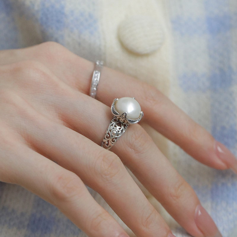 French, Vintage, Graceful, Timeless French Retro Heavy Craft Exquisite Pearl Hollow Ring For Women, Adjustable Open Design, Niche High-End Feel,_voghion.com
