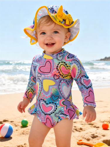 Cross-border baby girl children long-sleeved snap-on swimsuit one-piece with same series sunshade hat seaside vacation long-sleeved swimsuit women