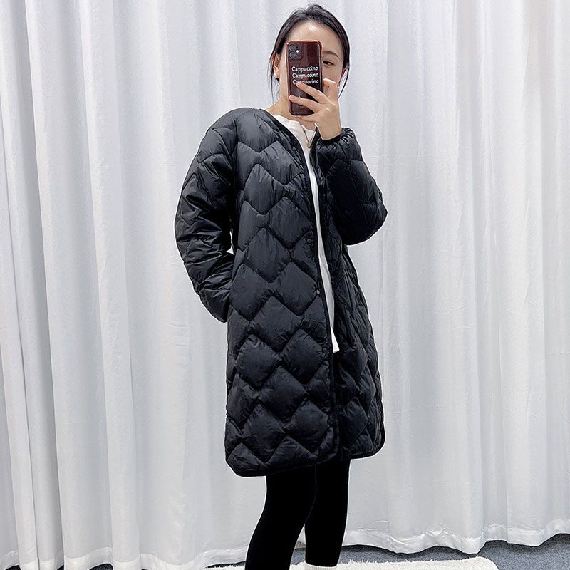 Nuevo otoño y invierno plumón chaqueta de mujer ligera media larga V-cuello redondo cuello interior de la chaqueta de abrigo