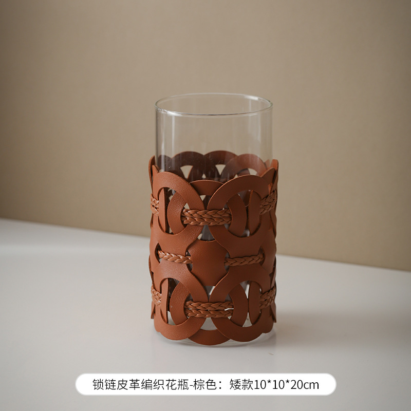 现代轻奢样板间侘寂风皮革编织花瓶售楼处前台软装饰花插花器摆件|undefined