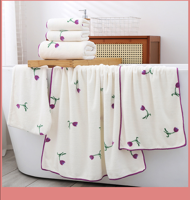 Bath Towel、Super Absorbent Tulip Print Coral Fleece Set, Soft And Absorbent Towel, Shower Cap, Bath Skirt, Daily Use Combination Towel Set_voghion.com