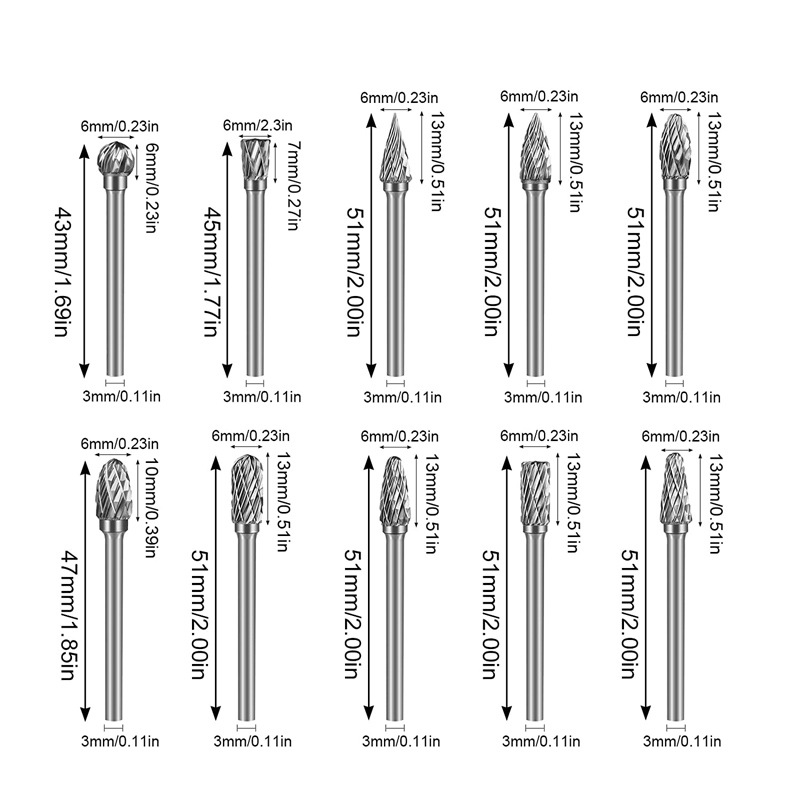Fresa de cabezal de rectificado de acero de tungsteno de lima giratoria de carburo 3*3 cabezal de rectificado eléctrico de metal de una sola ranura y doble ranura 3*6 juego de 20 piezas