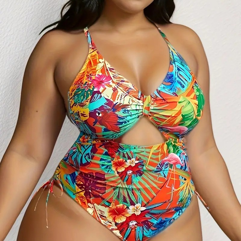 Tropical Pattern Hollowed-out Cross-back Strap Multi-color Printed Sexy Plus-size Swimsuit TK014_voghion.com