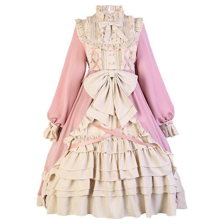 オリジナルデザイン20新作クリームOP長袖スカート清新で可愛いLolita甘美ソフト妹スカート6123|undefined