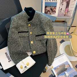 黑白撞色立领法式复古马术服女装春秋新款短款小香风西装外套