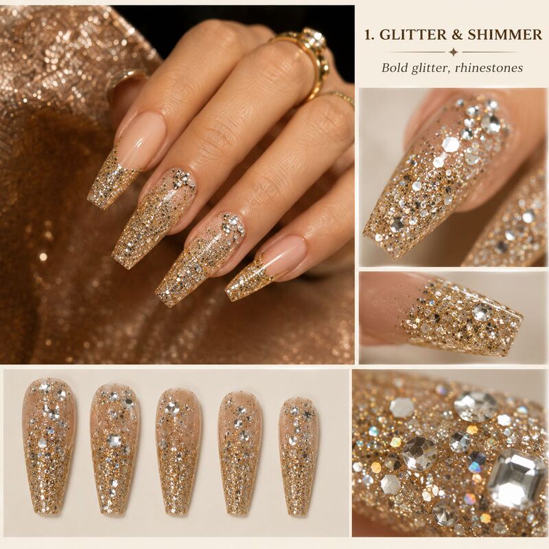 Light Luxury Gold Glitter French-Style Wearable Nail Art, Nude Long Coffin Nails with Rhinestones and Sparkling Sequins, Popular in Europe and America