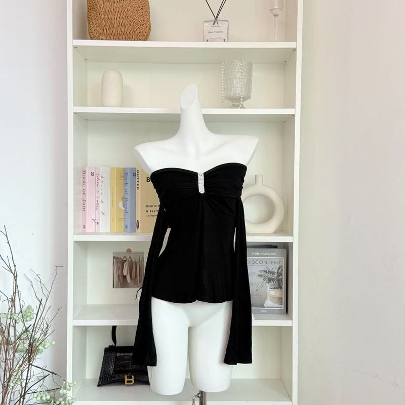 Real Shot of the Original Cold and Elegant Sister-Style Sexy Swan-Neck Off-Shoulder Slimming Long-Sleeve Women's Top