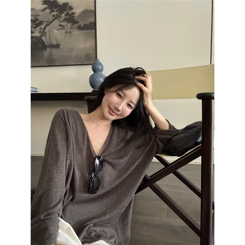 昕可达【维瓦尔秋季】天丝亚麻v领针织衫女早秋百搭宽松上衣|undefined