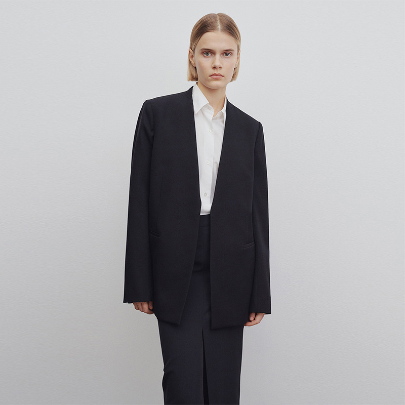European American Wool Blazer For Women, Loose Fit, No Buttons, Minimalist Black Suit Jacket, Spring And Autumn_ecoleips.com