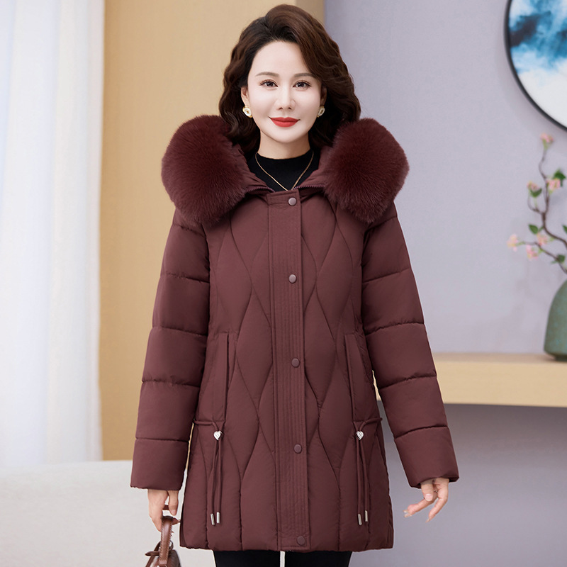 Ropa de mujer de mediana edad, abrigo de algodón de invierno, madres jóvenes vestidas con cuello de cabello grande, chaqueta de algodón gruesa media y larga image 9