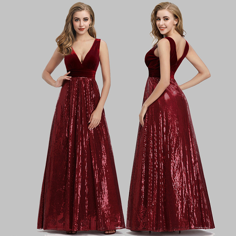 Elegant V-Neck Sleeveless Floor-Length Sequin Velvet Evening Gown – Stunning Velvet Performance Dress With Flared Hem For Galas Special Occasions_voghion.com