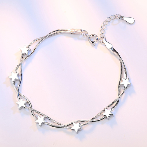 Fashionable love window magic square silver bracelet for women, Korean version of sweet double snake bone chain five-pointed star bracelet, hand jewelry