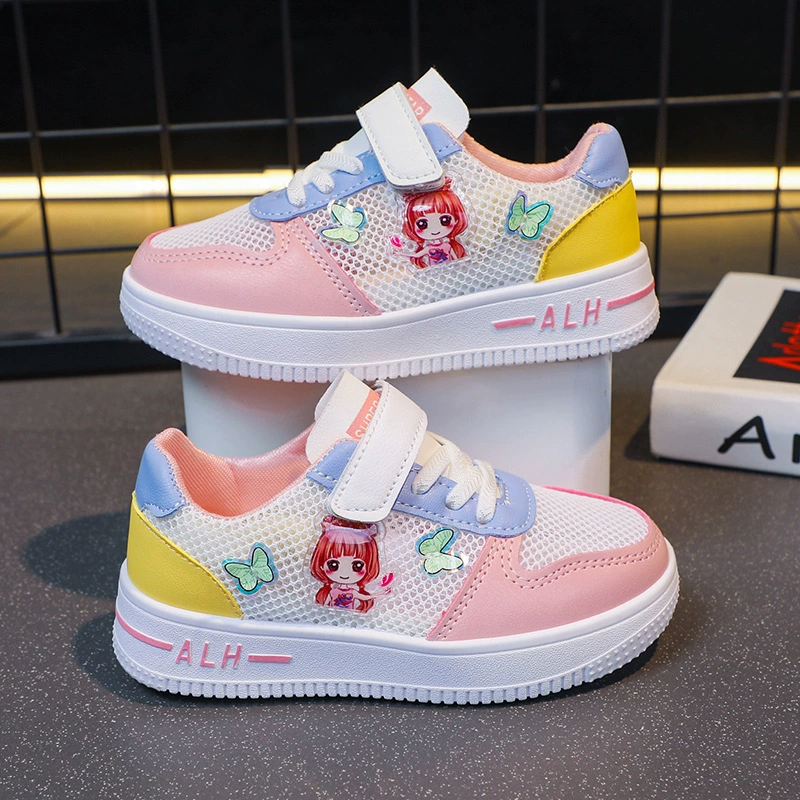 Обувь для девочек Весна и осень 2023 новая однотонная кожаная сетчатая дышащая Однослойная обувь с мягкой подошвой для девочек, нескользящая детская обувь для досок