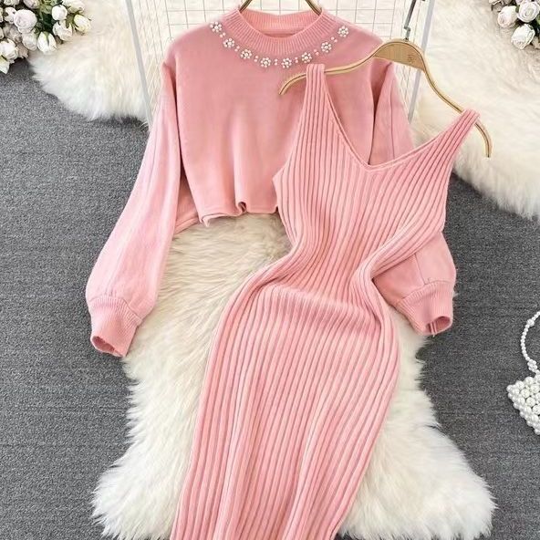 Korean Style suit Round Neck Beaded High Waist Short Navel Sweater Two-Piece Fashionable Knitted Vest for dress Women Korean Style suit Round Neck Beaded High Waist Short Navel Sweater Two-Piece Fashionable Knitted Vest for dress Women