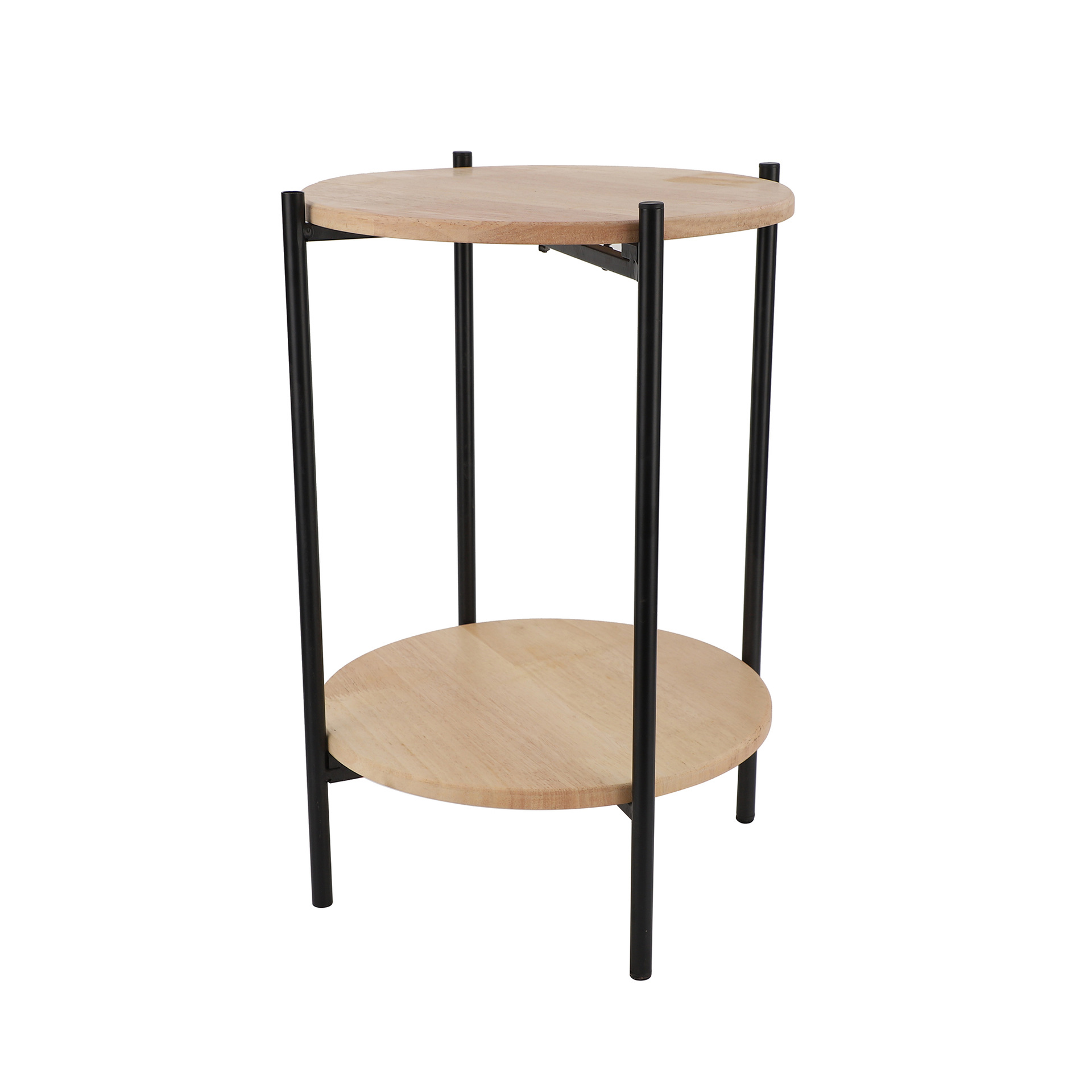 Mesa redonda de doble capa moderna y simple para la sala de estar doméstica con varios objetos de hierro forjado en la esquina de la mesa de ocio del balcón
