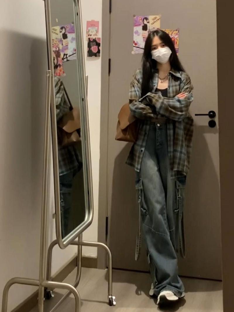 (2개) 미국 복고풍 격자 무늬 셔츠 여성의 2024 년 새로운 봄과 가을 얇은 디자인 틈새 느슨한 긴팔 셔츠 재킷