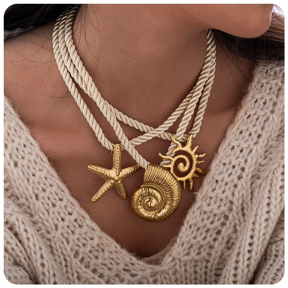 Stone-Free Inlay Material Pendant Necklace Classification Ion Plating (IP) 18K Gold Real Gold Plated Sun Starfish Conch 304 Stainless Steel Vacation Marine Style Waterproof Non Tarnish 304 Stainless Steel Lobster Trigger Clasp Closure Pendant Necklace