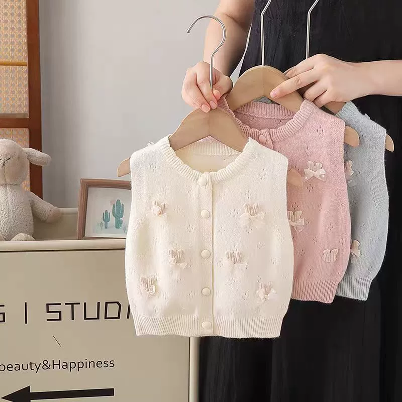 Children's sweater, knitted vest with bow girl's, demi-season cardigan, Korean style