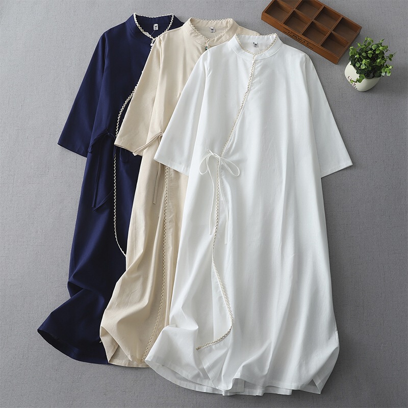 Real Shot Ethnic Style Cotton and Linen dress Spring and Summer Over-the-knee Slimming Literary Style Lace Ramie Long Dress Improved Cheongsam