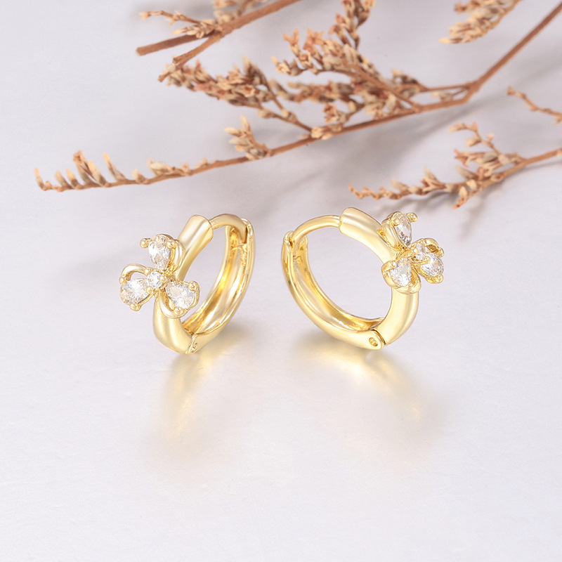 Aretes de Clip con Trébol de Aleación de Cobre con Circonia Incrustada para Mujer