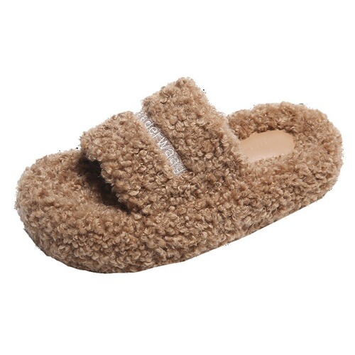 Thick-soled letter lamb fur slippers for women's outer wear  new autumn and winter Internet celebrity women's plus velvet casual cotton half slippers