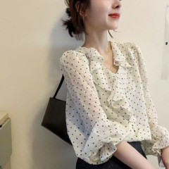 夏服の新型の大きいサイズの婦人服のフランス式の甘い波の点のシャツの気質の独特で美しい小さいシャツのM-4XL200斤