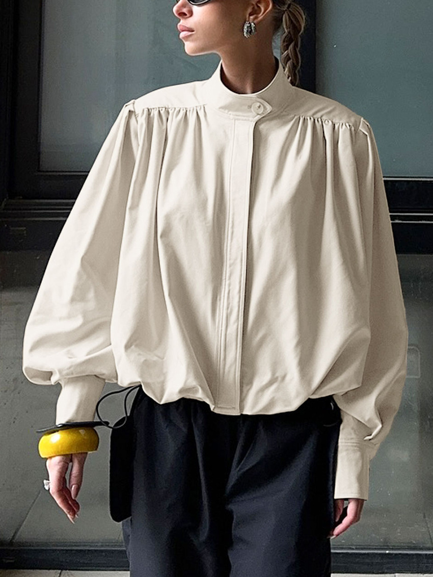 ​​Designer High-Neck Puff Sleeve Blazer – Chic Oversized Coat For Women, Work-to-Weekend Versatile Jacket​​_voghion.com