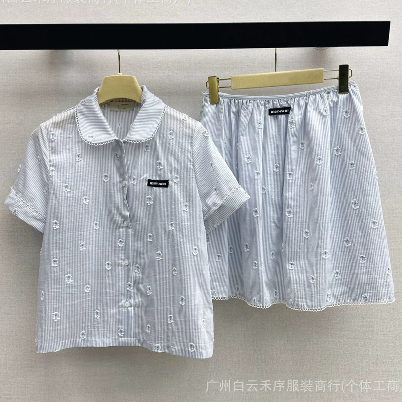 Miu Series [Shenzhen Nanyou] 26 New Styles Plaid Doll Collar Short-Sleeved Shirt + White Lace Skirt Set