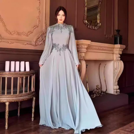 eBay Amazon 2024 New Fashion Middle East Export Dress Pleated Long-sleeved Elegant High-waist Dress for Women