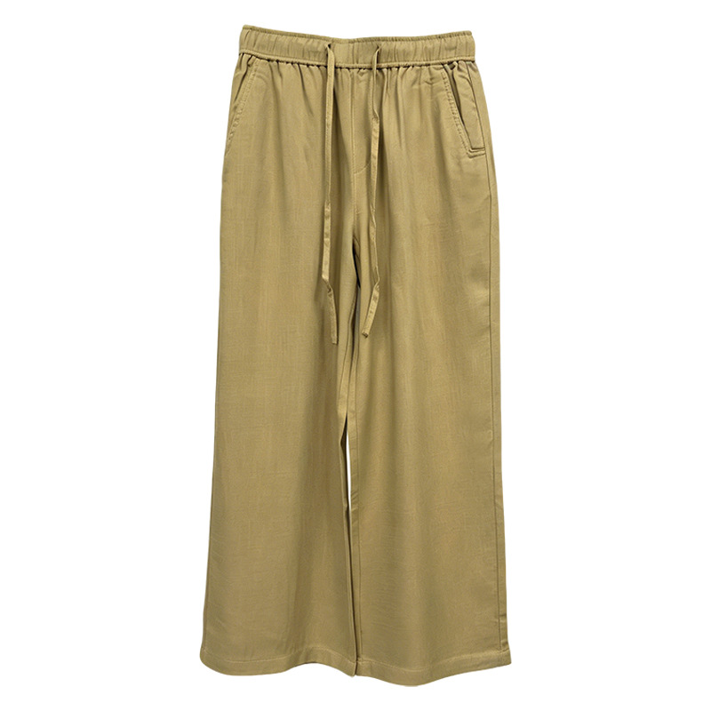 Quần culottes nữ ống rộng cạp cao vải lanh phối sợi tencel dáng suông ống thẳng — màu kaki