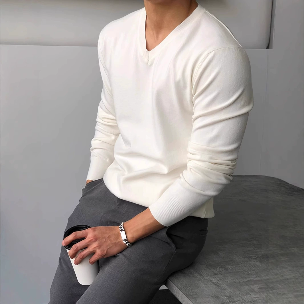 Трансграничный новый V-образный повседневный свитер с длинными рукавами свитер мужской весенний и осенний тренд пуловер нижний свитер сплошной свитер