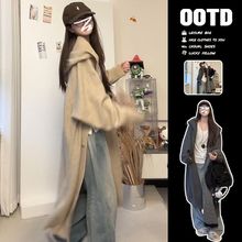 灰色连帽长款毛衣女秋冬季2025新款宽松慵懒风设计感针织开衫外套