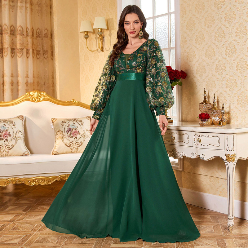 Randomly Cut V-Neck Lantern Sleeve New Chiffon Dress with Sequin Embroidery and Waist-Cinching A-Line Evening Gown
