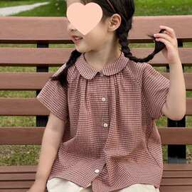 女童韩系格子娃娃领衬衫2025夏季新款洋气宝宝短袖上衣儿童衬衣潮